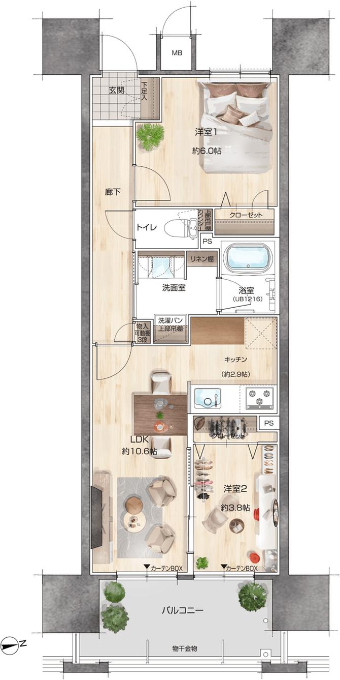 リコットタワー豊田の間取り図　B（メニュー3）：2LDK