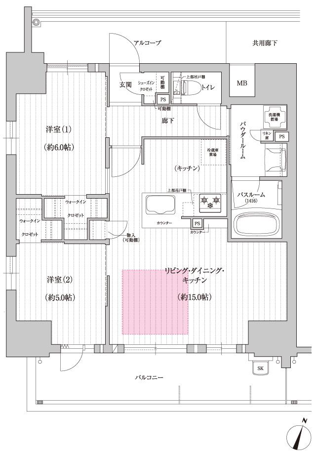 プレサンス グラン 本山駅前の間取り図　A(メニュー1)：2LDK+2WIC+SIC