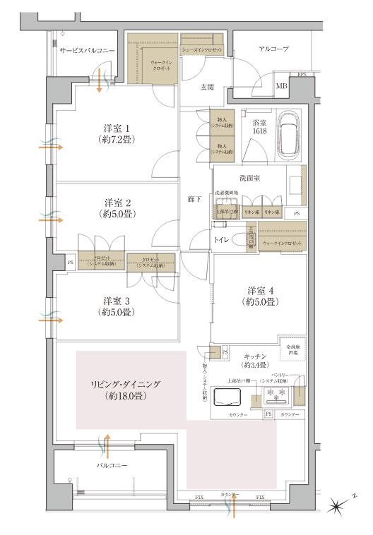 ローレルコート星ヶ丘レジデンスの間取り図　D：4LDK+2WIC+SIC