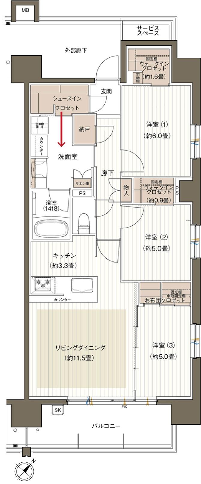 デュオヒルズ四日市富田の間取り図　I：3LDK+2WIC+FC+SIC+N