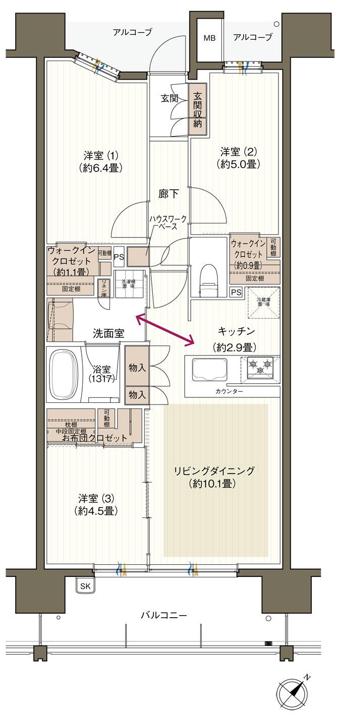 デュオヒルズ四日市富田の間取り図　F：3LDK+2WIC+FC