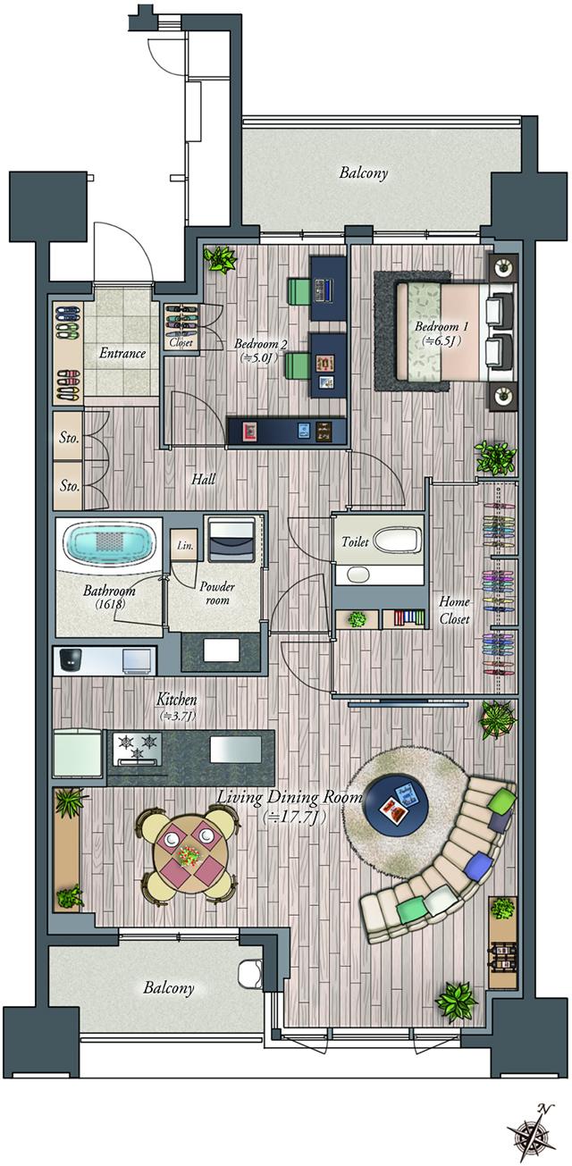 ザ・ライオンズ覚王山の間取り図　E2：2LDK+HC