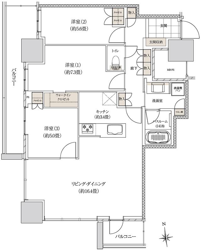 ライオンズ岐阜プレミストタワー35の間取り図　DD：3LDK+WIC