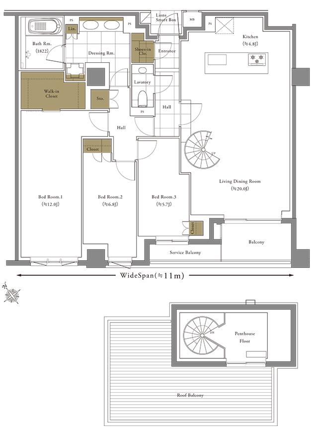 リジェ南山の間取り図　S：3LDK+WIC+SIC+PH