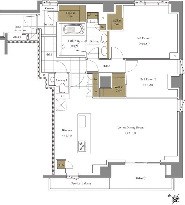 リジェ南山の間取り図　O：2LDK+2WIC+SIC