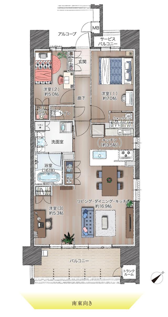 アルバックス知立駅前の間取り図　D：3LDK+WIC+TR