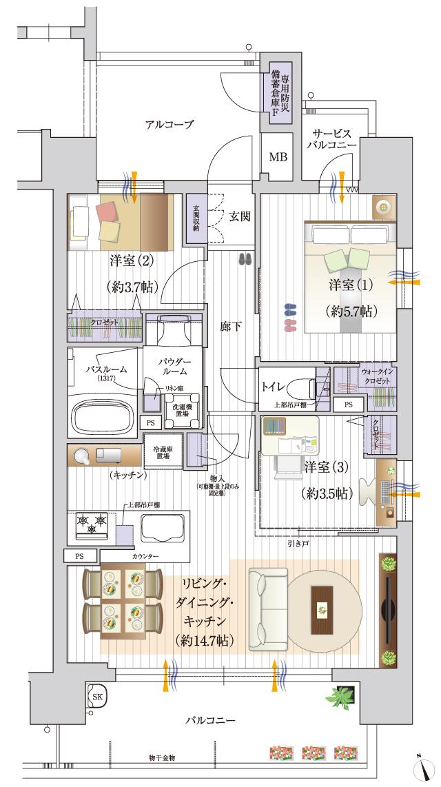 プレサンス ロジェ 名古屋浅間町ザ・レジデンスの間取り図　F：3LDK+WIC