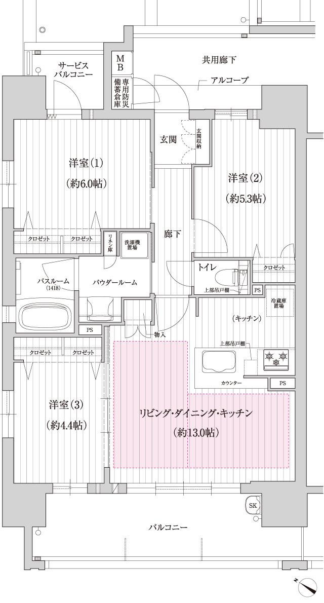 プレサンス ロジェ 瑞穂運動場東駅前の間取り図　A：3LDK