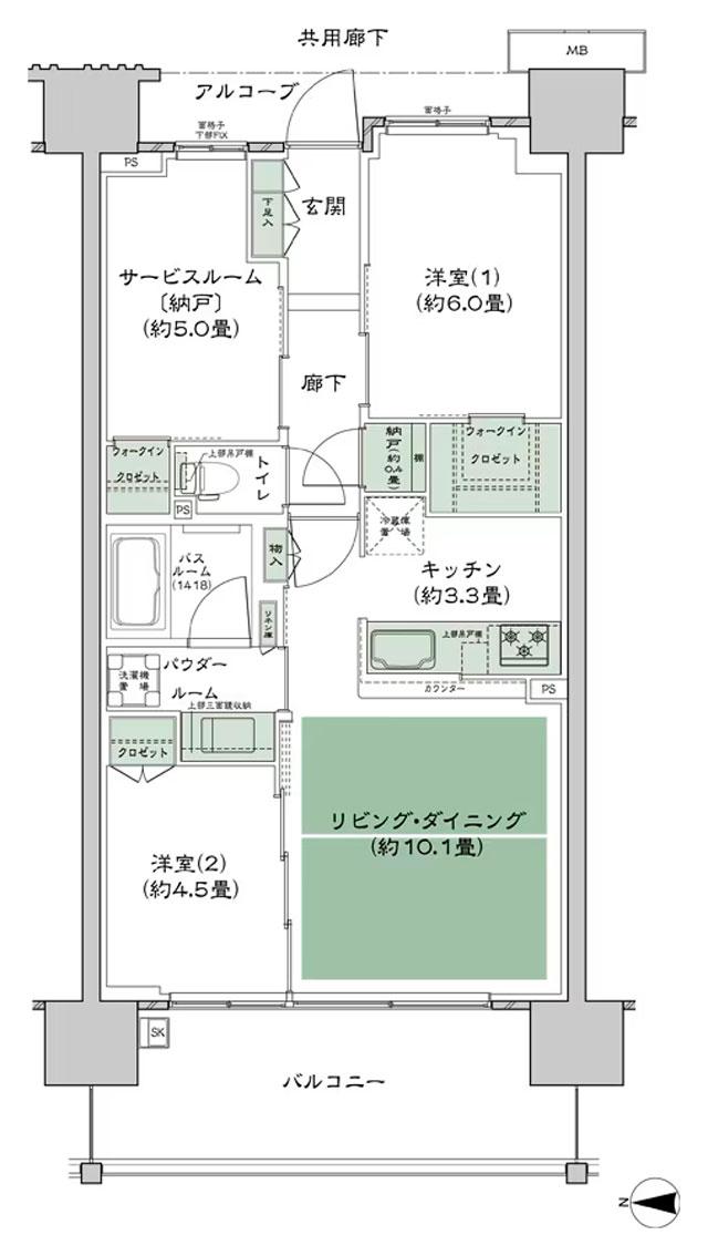 シティテラス若江岩田の間取り図　A-B1：2LDK+S+N+2WIC
