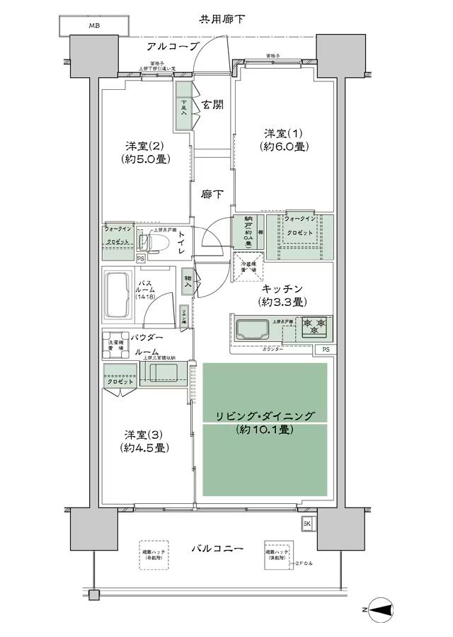 シティテラス若江岩田の間取り図　A-B3：3LDK+N+2WIC