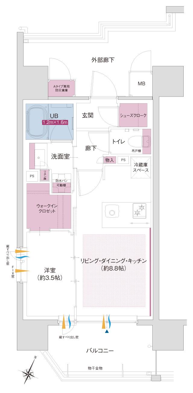 ソルティア京橋リバーフロントの間取り図　A1：1LDK+ウォークインクロゼット+シューズクローク