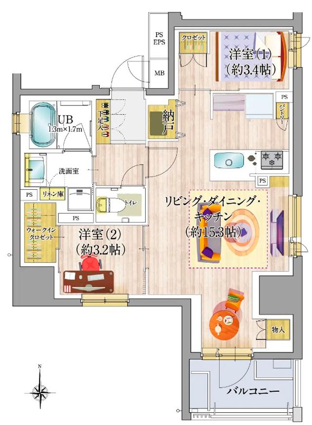 ソルティア京都四条堀川の間取り図　A：2LDK＋ウォークインクロゼット＋納戸＋パントリー