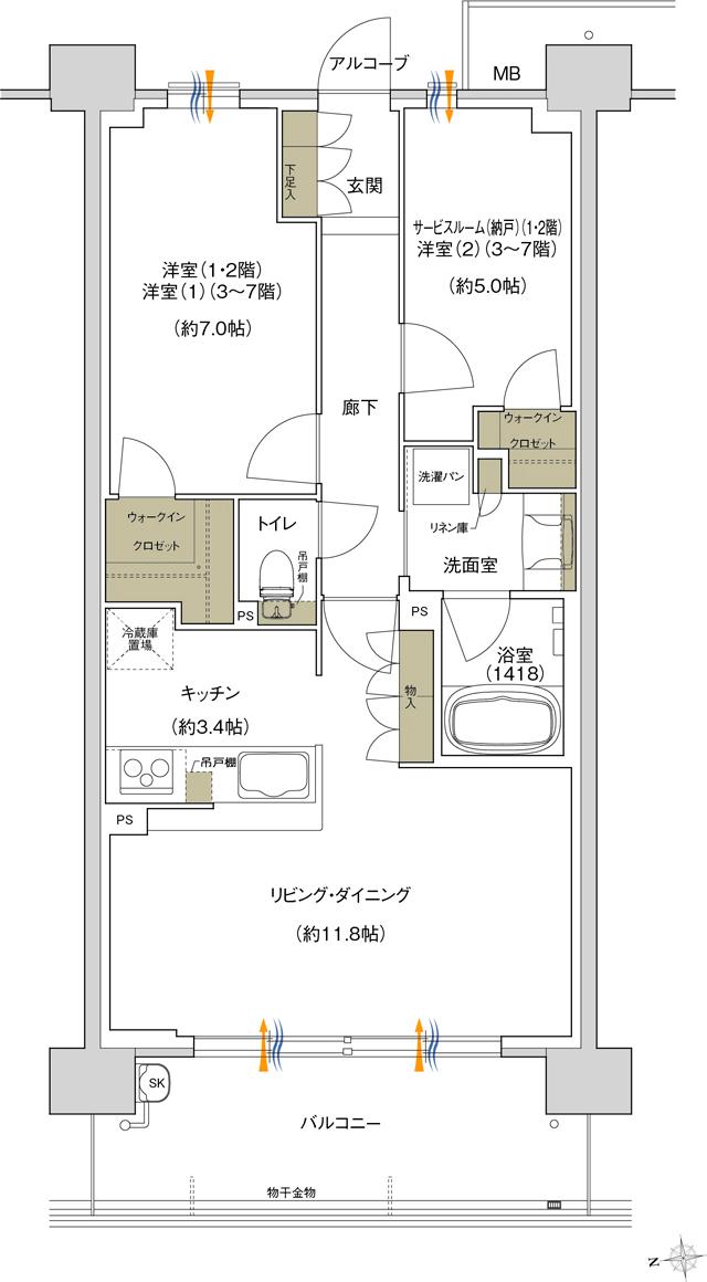 ジェイグラン京都桂川駅前(京都市史上初 JR駅徒歩1分 最大級プロジェクト)の間取り図　BC1：2LDK＋2WIC