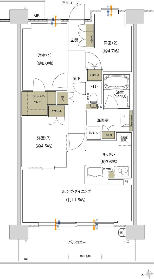 ジェイグラン京都桂川駅前(京都市史上初 JR駅徒歩1分 最大級プロジェクト)の間取り図　CE1：3LDK＋WIC