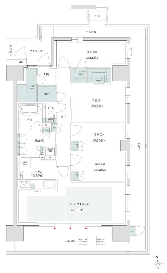 トモニアルシティの間取り図　A-K：4LDK+2WIC