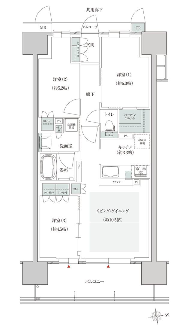 トモニアルシティの間取り図　C-D：3LDK+WIC