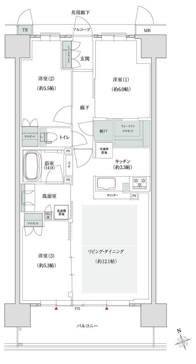 トモニアルシティの間取り図　D-E：3LDK+WIC