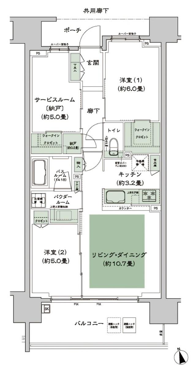 シティハウス西田辺の間取り図　B：2LDK+S+N+2WIC