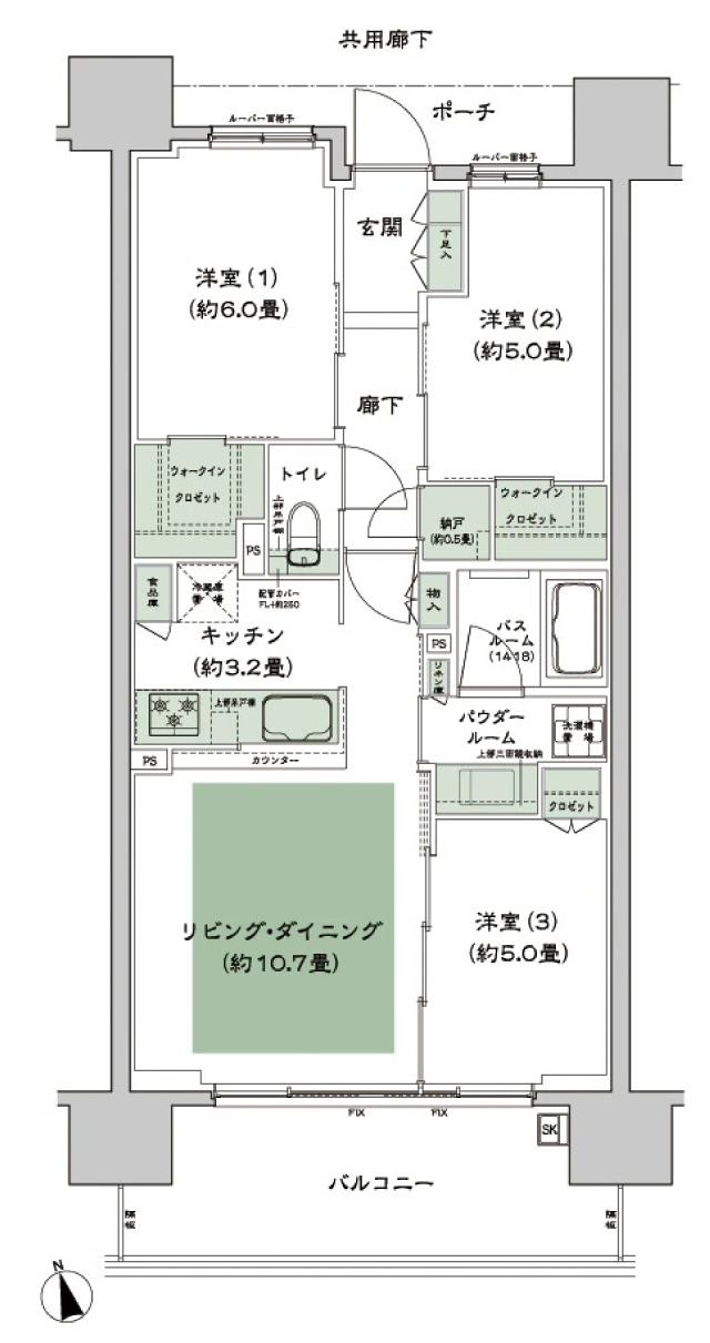 シティハウス西田辺の間取り図　C：3LDK+N+2WIC