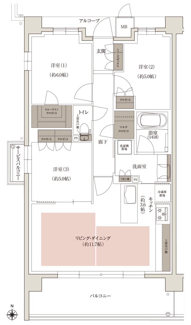 (仮称)上京区大規模 新築分譲マンションプロジェクトの間取り図　S-A：3LDK+WIC+MC