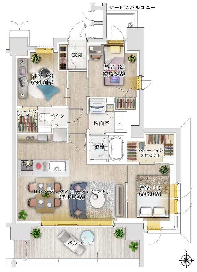 ソルティア池田さくら通りの間取り図　C：3LDK+2ウォークインクロゼット