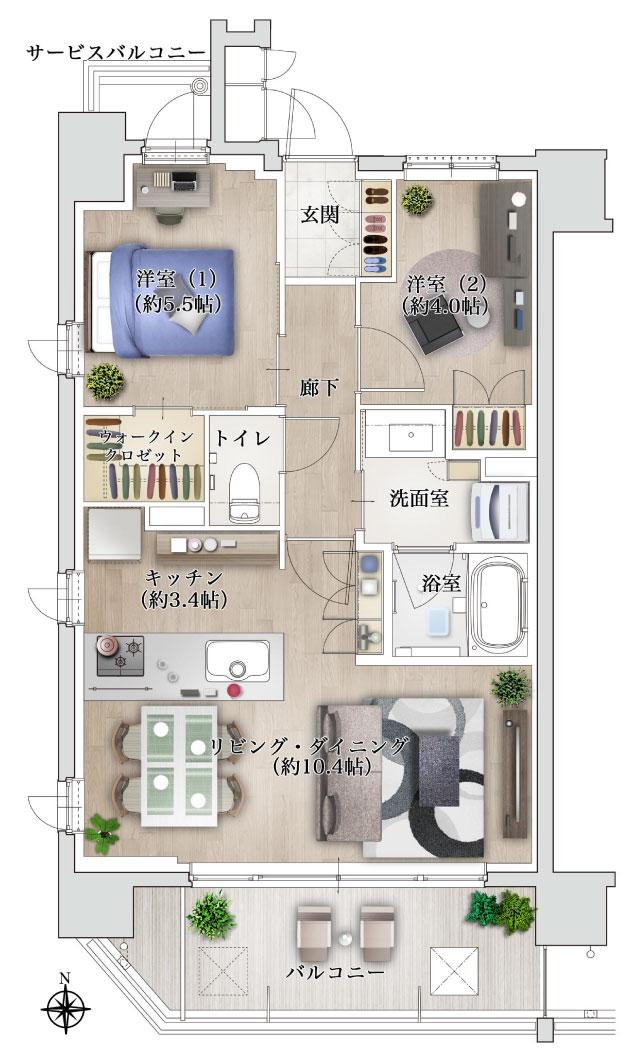 ソルティア池田さくら通りの間取り図　A：2LDK+ウォークインクロゼット