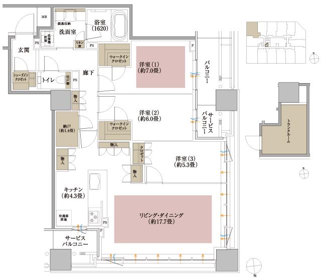 箕面マークス ザ レジデンスの間取り図　A2：3LDK+2WIC+SIC+N