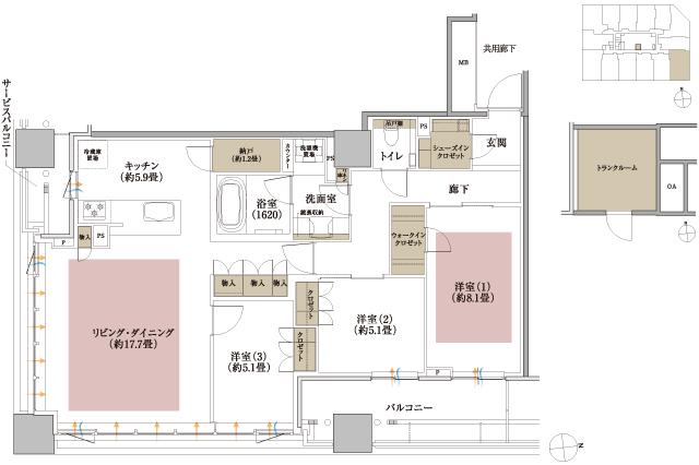 箕面マークス ザ レジデンスの間取り図　H：3LDK+WIC+SIC+N