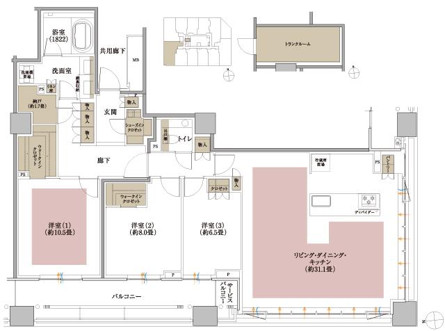 箕面マークス ザ レジデンスの間取り図　P：3LDK+2WIC+SIC+N
