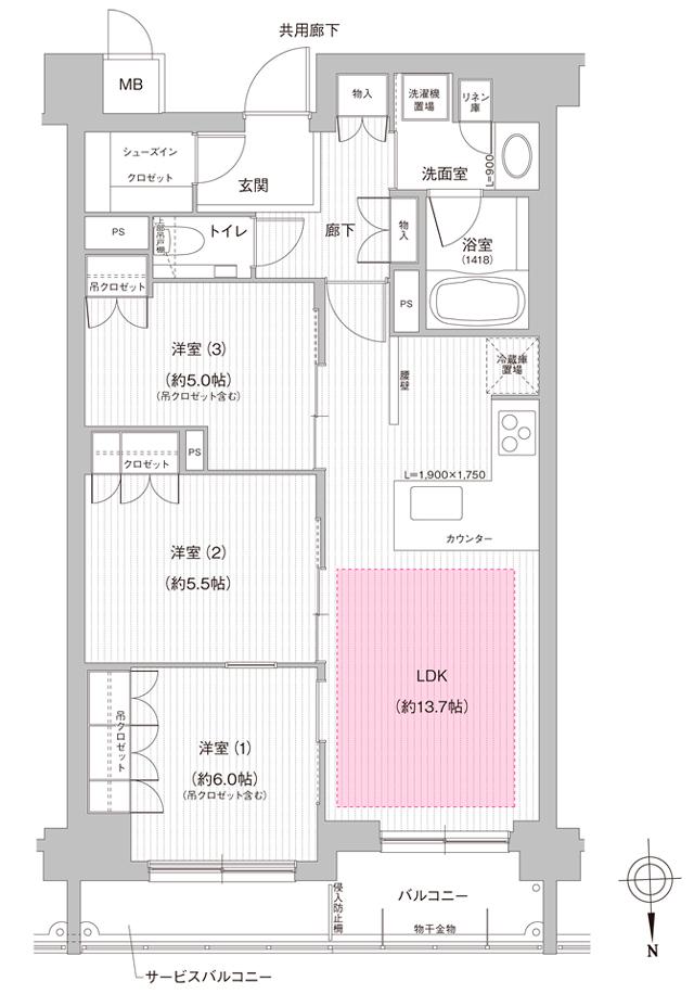 イーグルコート京都御所南押小路本邸の間取り図　B：3LDK