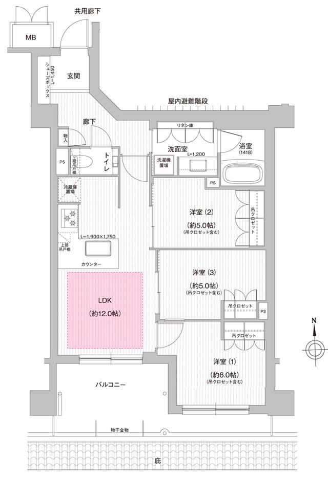 イーグルコート京都御所南押小路本邸の間取り図　E：3LDK