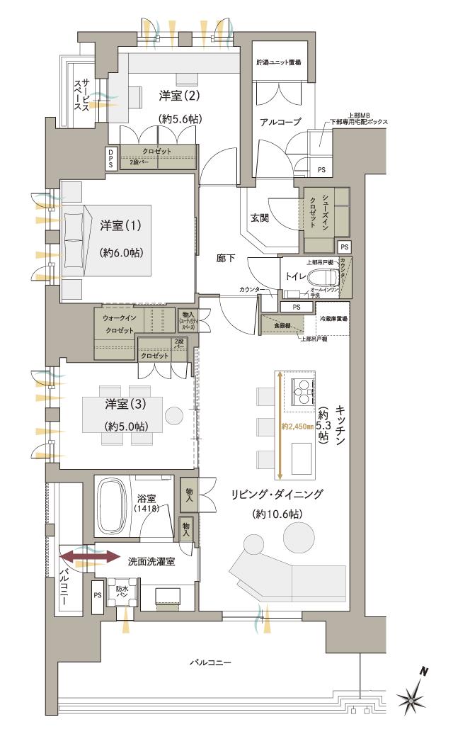 ジオ神戸三宮の間取り図　A：3LDK