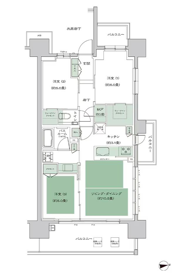 シティハウス天王寺堀越町の間取り図　D3-3：3LDK+N+2WIC