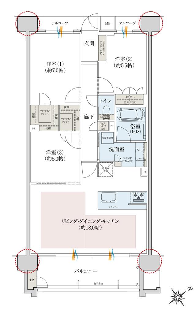 レ・ジェイドシティ千里藤白台の間取り図　C-O：3LDK+2WIC+TR