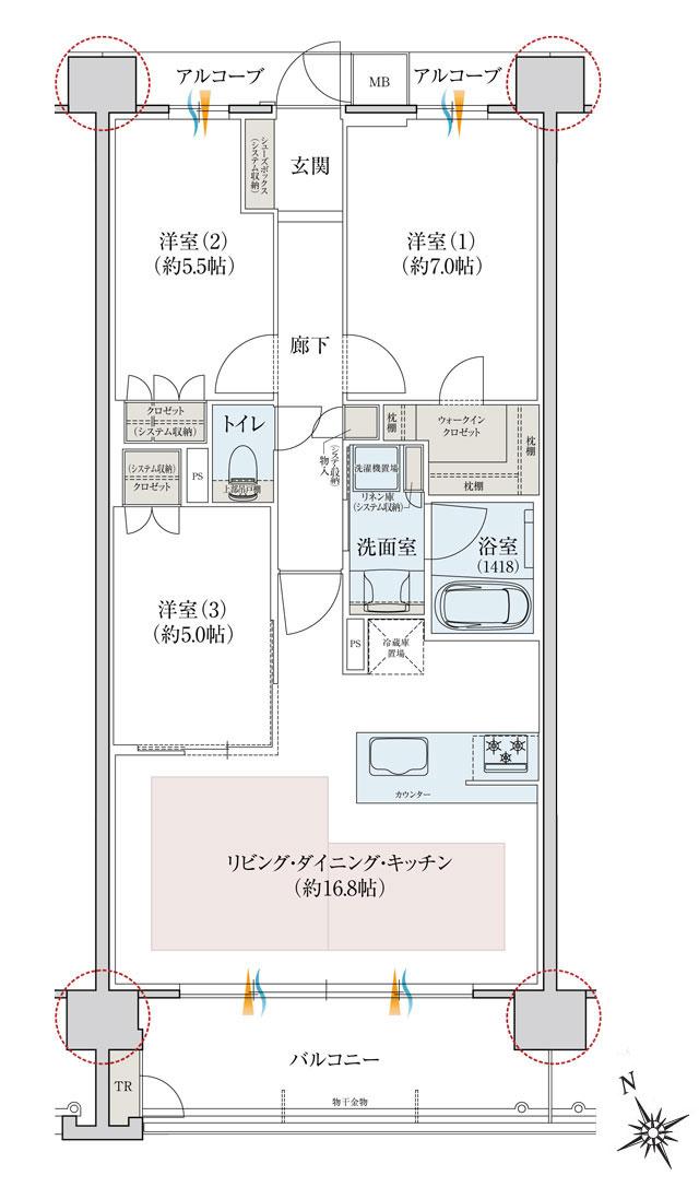 レ・ジェイドシティ千里藤白台の間取り図　C-F：3LDK+WIC+TR
