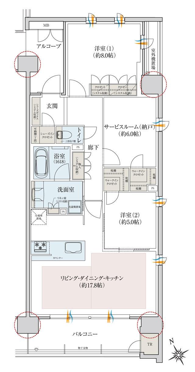 レ・ジェイドシティ千里藤白台の間取り図　W-L：2LDK+S+2WIC+SIC+TR
