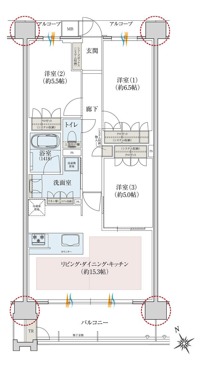 レ・ジェイドシティ千里藤白台の間取り図　C-C：3LDK+TR