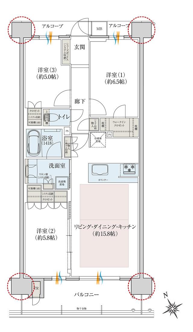 レ・ジェイドシティ千里藤白台の間取り図　W-G：3LDK+WIC+TR