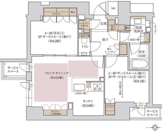 ジオ京都御池通の間取り図　B：1LDK+S／LDK+2S