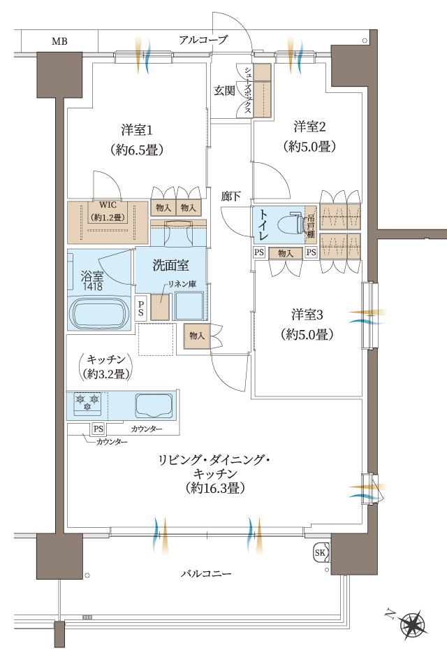 ヴェリテ神戸ポートアイランドの間取り図　E：3LDK