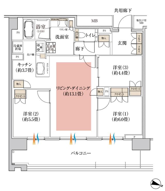 Brillia(ブリリア) Tower 箕面船場 TOP OF THE HILL(御堂筋線直通・北急延伸 新駅タワープロジェクト)の間取り図　75G：3LDK