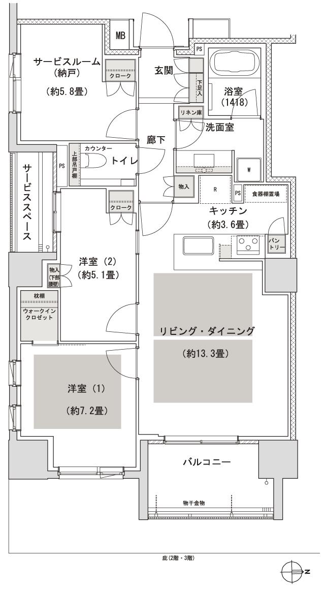 パークホームズ京都二条城の間取り図　J：2LDK+S