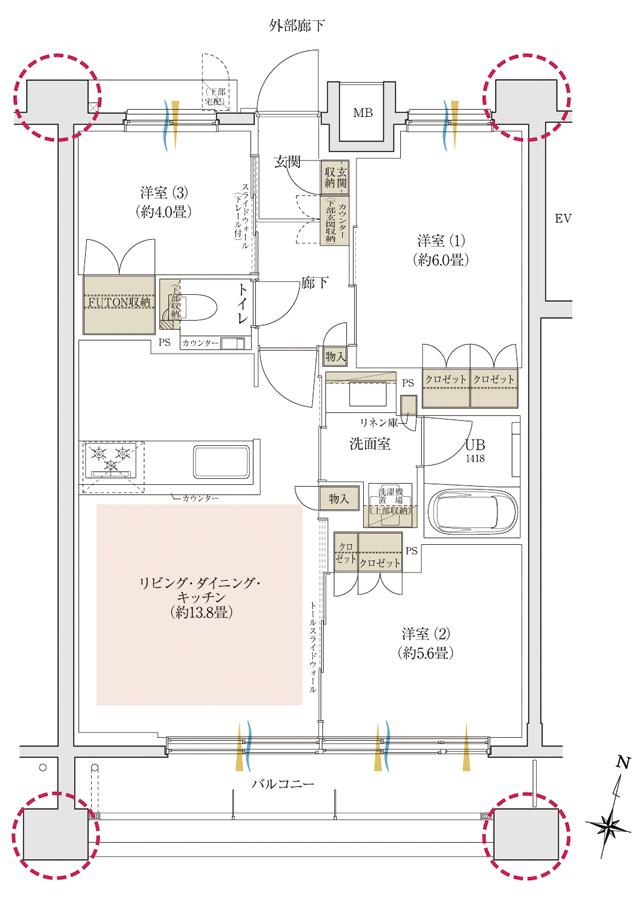 イニシア芦屋レジデンスの間取り図　C：3LDK