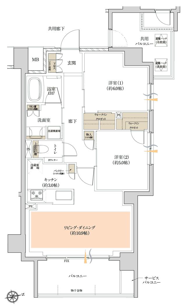 レーベン清水五条の間取り図　K：2LDK+2WIC