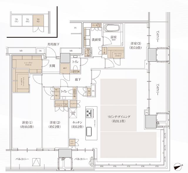 W TOWERS 箕面船場(CLASSY TOWER 箕面船場／Brillia(ブリリア) Tower 箕面船場 SKY & GARDEN)の間取り図　C-140PJ：3LDK+2WIC+SIC+N