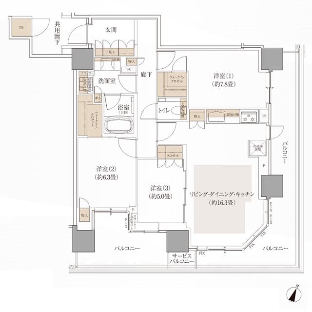 W TOWERS 箕面船場(CLASSY TOWER 箕面船場／Brillia(ブリリア) Tower 箕面船場 SKY & GARDEN)の間取り図　B-85G：3LDK+2WIC