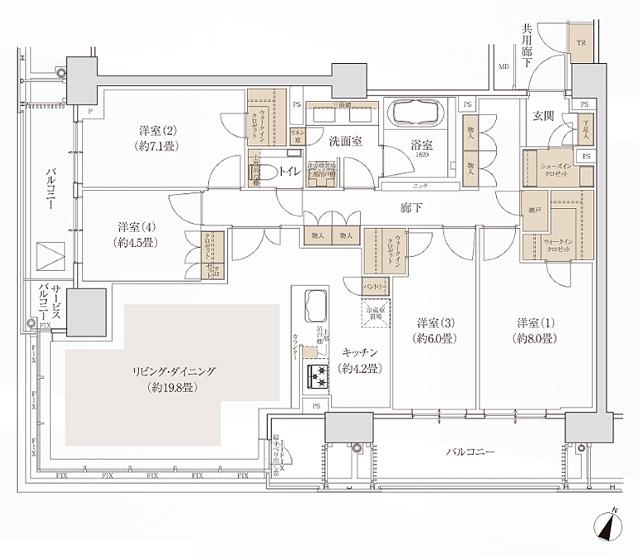 W TOWERS 箕面船場(CLASSY TOWER 箕面船場／Brillia(ブリリア) Tower 箕面船場 SKY & GARDEN)の間取り図　C-115G：4LDK+3WIC+SIC