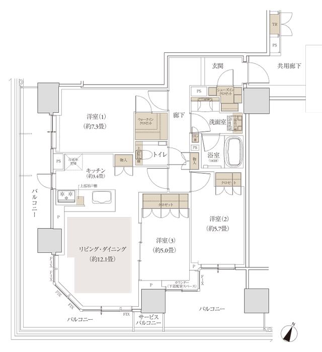 W TOWERS 箕面船場(CLASSY TOWER 箕面船場／Brillia(ブリリア) Tower 箕面船場 SKY & GARDEN)の間取り図　B-75C1：3LDK+WIC+SIC