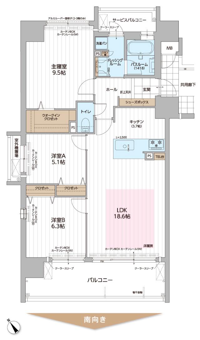 パレ・ロワイヤル加古川粟津の間取り図　A：3LDK+WIC