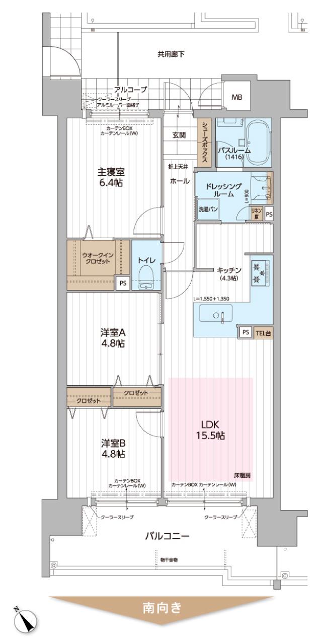 パレ・ロワイヤル加古川粟津の間取り図　B：3LDK+WIC